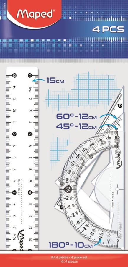 Zestaw geometryczny, linijka 15cm, 2 ekierki, kątomierz, MAPED